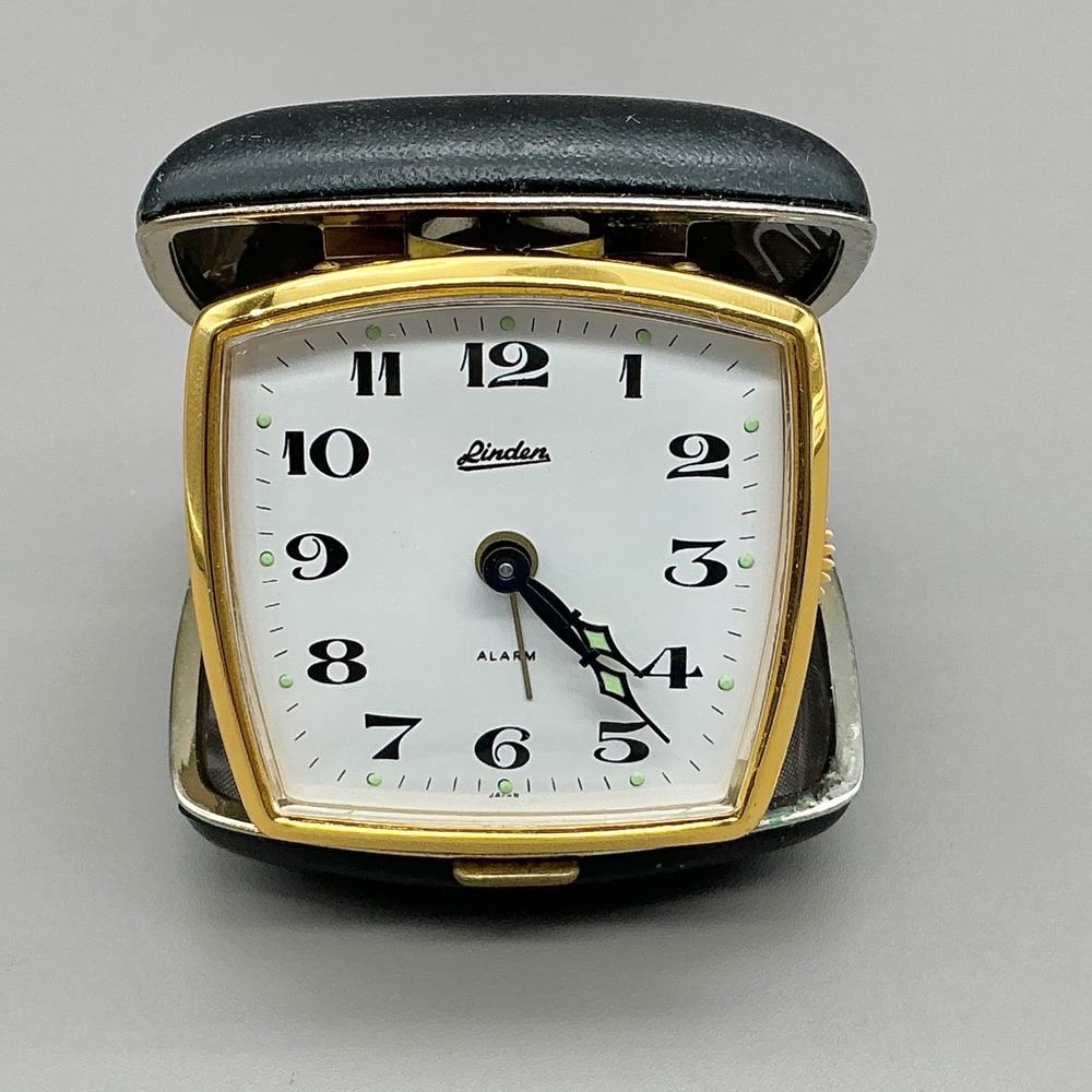 Vintage Linden Travel Alarm Clock Folding Black Gold Case Mechanical Japan WORKS